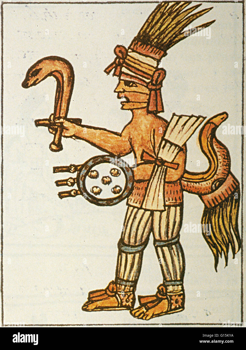 Huitzilopochtli with fire serpent, from the Florentine Codex. In Aztec religion, Huitzilopochtli was a god of war, sun, human sacrifice and the patron of the city of Tenochtitlan. He was also the national god of the Mexicas of Tenochtitlan. Huitzilopochtl Stock Photo