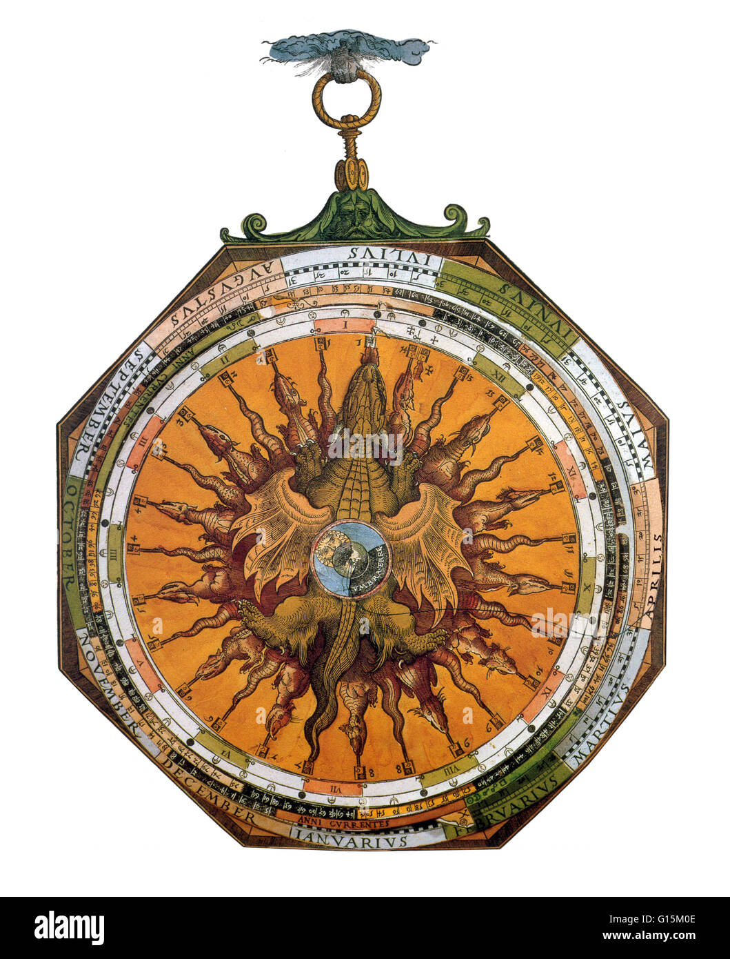 Astronomicum Caesareum depicts the cosmos and heavens according to the 1400 year old Ptolemaic system, which maintained that the sun revolved around the earth. By means of hand colored maps and moveable paper parts (volvelles), Petrus Apianus (1495-1552) Stock Photo