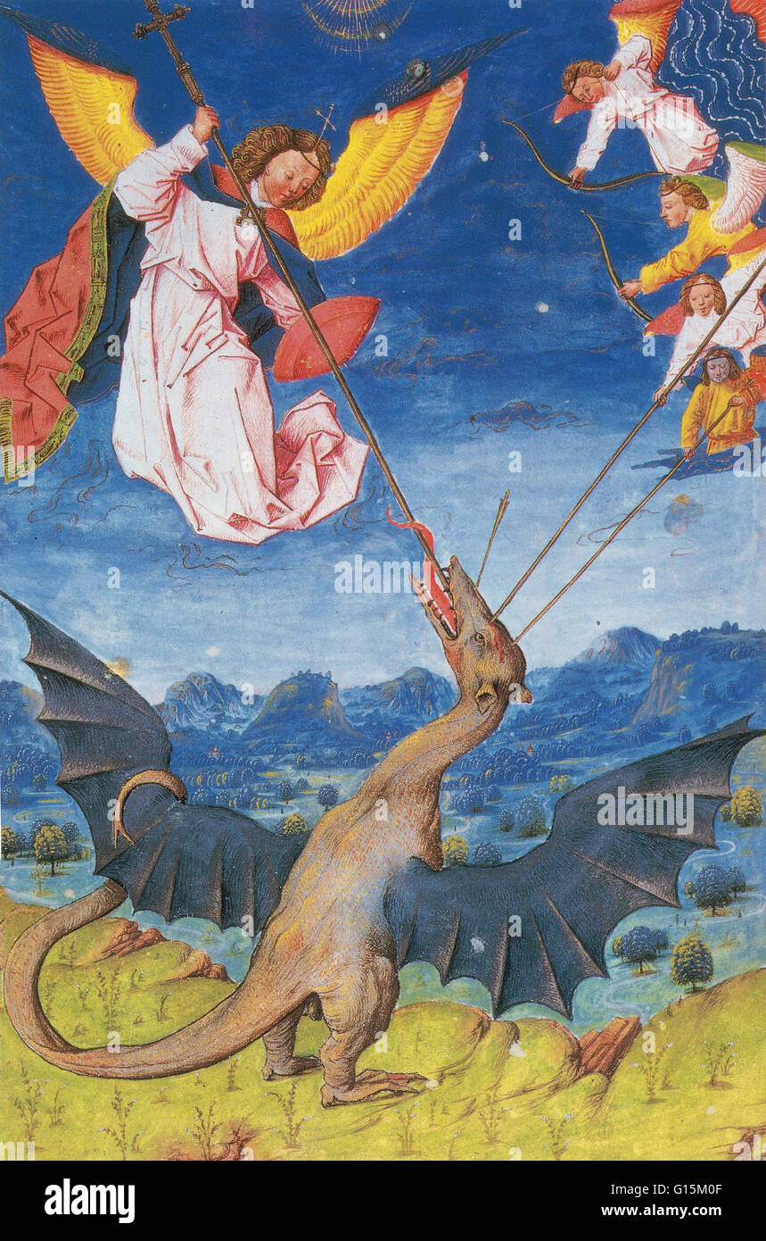 St. Michael and his angels fight Satan in the shape of a Wyvern. Image from the Liber Floridus, Flemish manuscript, 1448. Michael is an archangel in Jewish, Christian, and Islamic teachings. Roman Catholics, the Eastern Orthodox, Anglicans, and Lutherans Stock Photo
