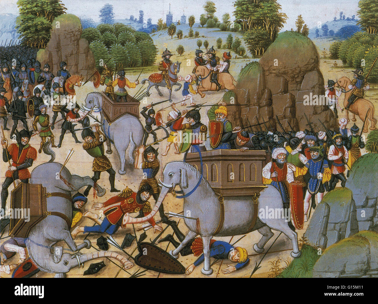 Image taken from, Story of Alexander the Great, 14th century. The battle scene in India is illustrated in the style of the Middle Ages. Alexander III of Macedon (356-323 BC), commonly known as Alexander the Great, was a Greek king of Macedon. Alexander wa Stock Photo