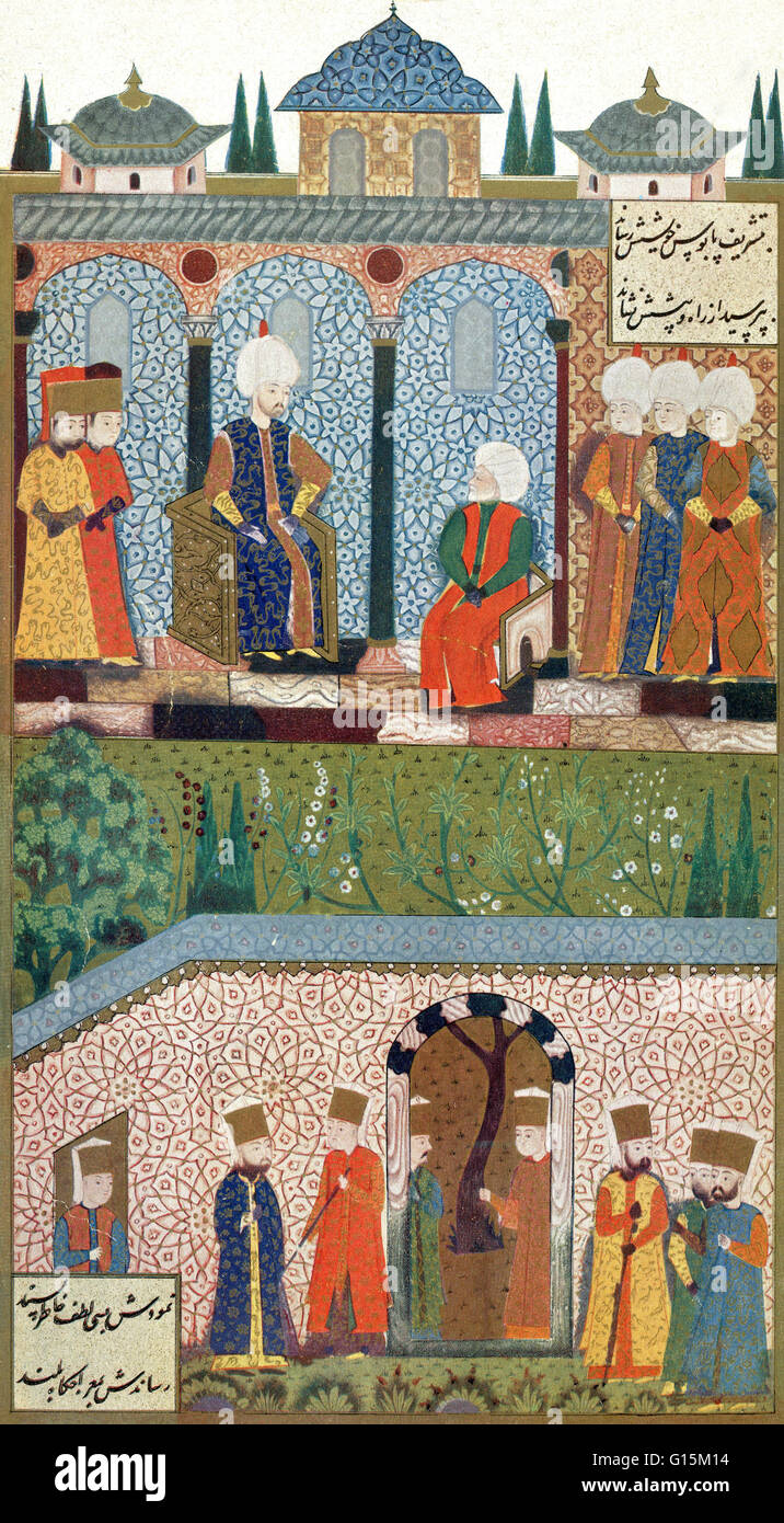 Image taken from The Suleymanname entitled: Hayreddinon his first arrival at Instanbul is welcomed by Suleiman the Magnificent. Hayreddin Barbarossa, or Barbarossa Hayreddin Pasha (1478-1546), was an Ottoman Turkish admiral of the fleet who dominated the Stock Photo