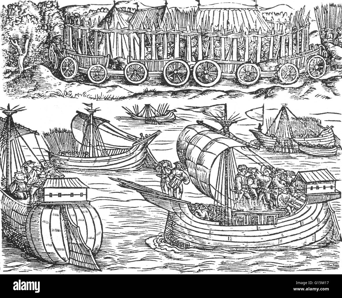 Woodcut from Historien vom Gallier und der Romer, published in Mainz in 1530 showing Julius Caesar sailing the Thames. In his Gallic Wars, Julius Caesar invaded Britain twice, in 55 and 54 BC. The second was more successful, setting up a friendly king, Ma Stock Photo