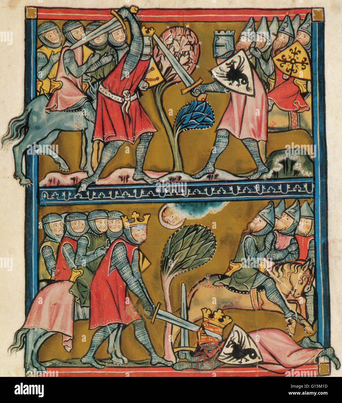 Spurred by an angel Charlemagne beats Baligant the Emir of Babylon; miniature in a manuscript of about 1290. The Song of Roland (La Chanson de Roland) is a heroic poem based on the Battle of Roncesvalles in 778, during the reign of Charlemagne. It is the Stock Photo