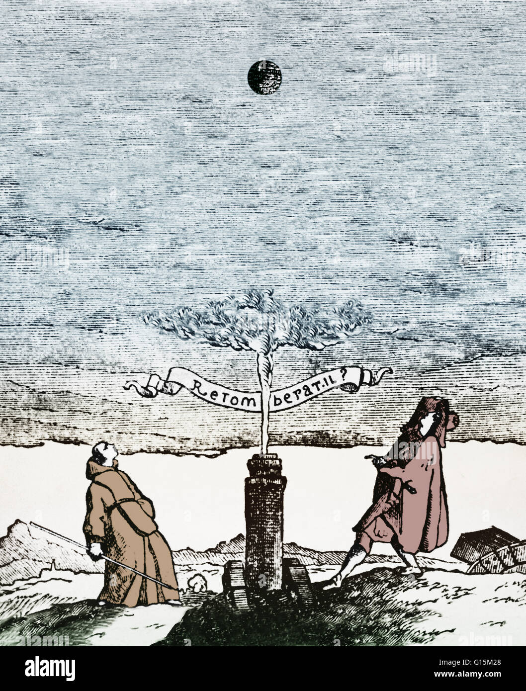 'Will the cannon ball come back down again?' This old woodcut, taken from the correspondence of Rene Descartes, illustrates an experiment proposed by Father Mersenne, contemporary and friend of Galileo, to test the behavior of falling bodies. The French c Stock Photo