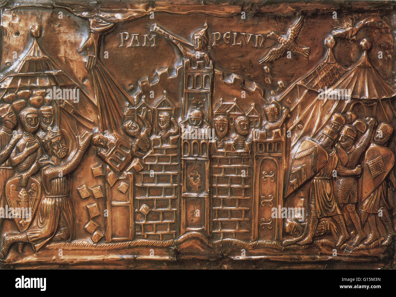 13th century panel from the Silver Shrine shows Charlemagne besieging a city. Charlemagne (742-814 AD) was King of the Franks from 768 and Emperor of the Romans (Imperator Romanorum) from 800 to his death in 814. He expanded the Frankish kingdom into an e Stock Photo