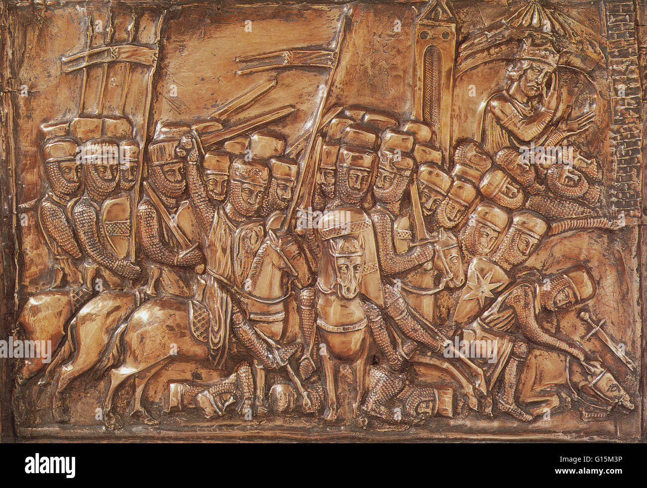 13th century panel from the Silver Shrine shows Charlemagne in the upper right corner leading his knights.  Charlemagne (742-814 AD) was King of the Franks from 768 and Emperor of the Romans (Imperator Romanorum) from 800 to his death in 814. He expanded Stock Photo