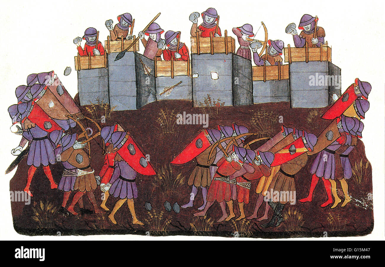 Miniature from the Alba Bible, 1430, an illuminated manuscript translation  of the Old Testament made directly from Hebrew into Mediaeval Castilian  showing Jews defending Jerusalem's Wall while it is being built. According
