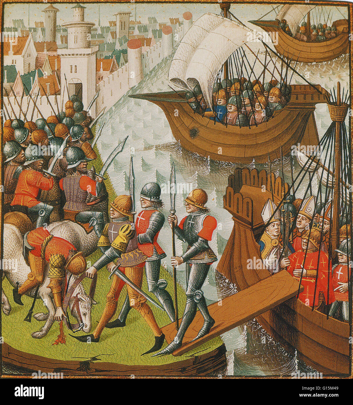 15th century illuminated manuscript shows the papal legate, Pelagius, waiting to disembark at Damietta, as troops prepare to besiege the city. The Siege of Damietta of 1218 was part of the Fifth Crusade (1213-1221) an attempt to reacquire Jerusalem and th Stock Photo