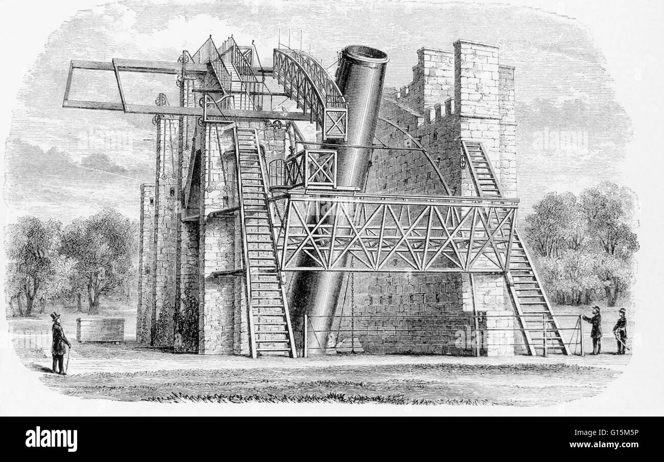 A 72-inch reflecting telescope belonging to William Parsons, Third Earl of Rosse, at Birr Castle, Parsonstown, Ireland. Lord Rosse (1800-1867) was a British astronomer who had several telescopes built. This one, dubbed 'Leviathan,' was completed in 1845 a Stock Photo
