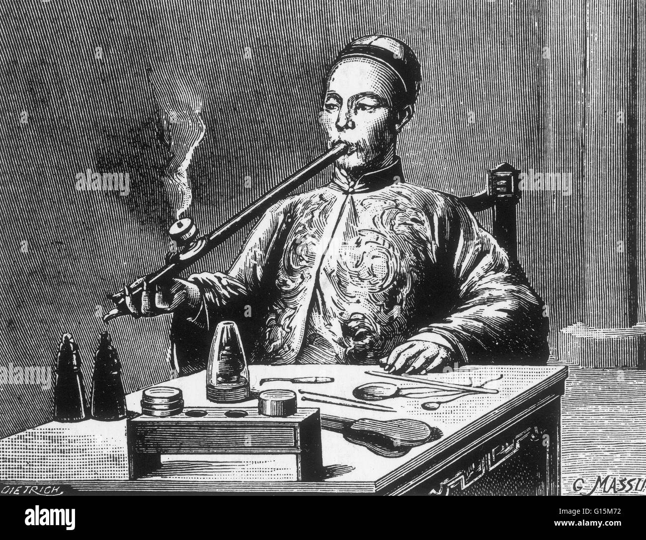 Man smoking opium through an opium pipe. Opium is a narcotic drug obtained from the seeds of the opium poppy. It contains the chemicals morphine and codeine, as well as other alkaloids. The opium resin from the poppy is processed, and then burned in pipes Stock Photo