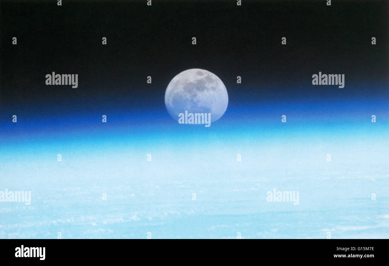 Moonrise from space, STS-103. STS-103 was a Hubble Space Telescope servicing mission by Space Shuttle Discovery. The mission launched from Kennedy Space Center, Florida, on 19 December 1999 and returned on 27 December 1999. Stock Photo