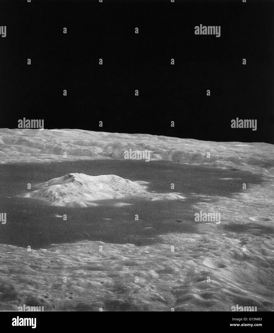 Crater Tsiolkovsky on the Moon, taken from Apollo 15. The mission began on July 26, 1971, and concluded on August 7. Stock Photo