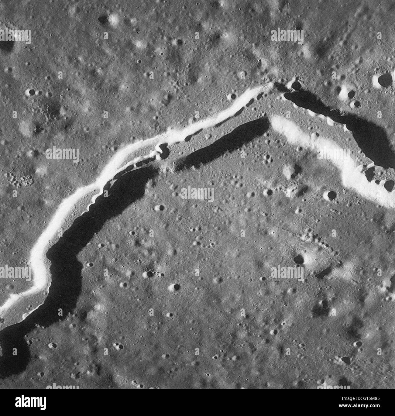 Hadley Rille on the Moon, taken from Apollo 15. The mission began on July 26, 1971, and concluded on August 7. Stock Photo