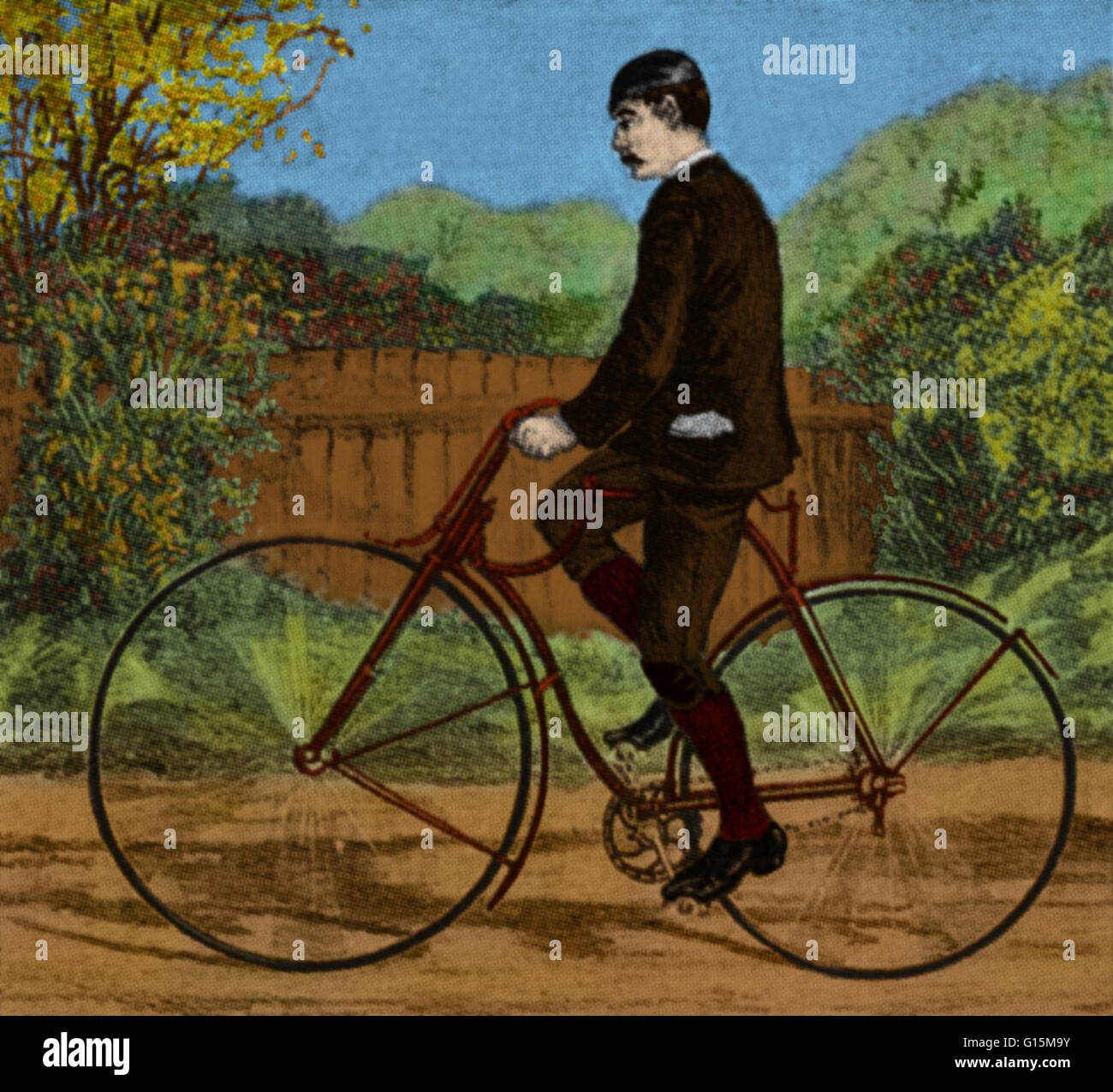 Period illustration of a man riding a Rover Safety Bicycle. This bicycle, which made its debut in 1885, is generally considered the first recognizably modern bicycle. Stock Photo