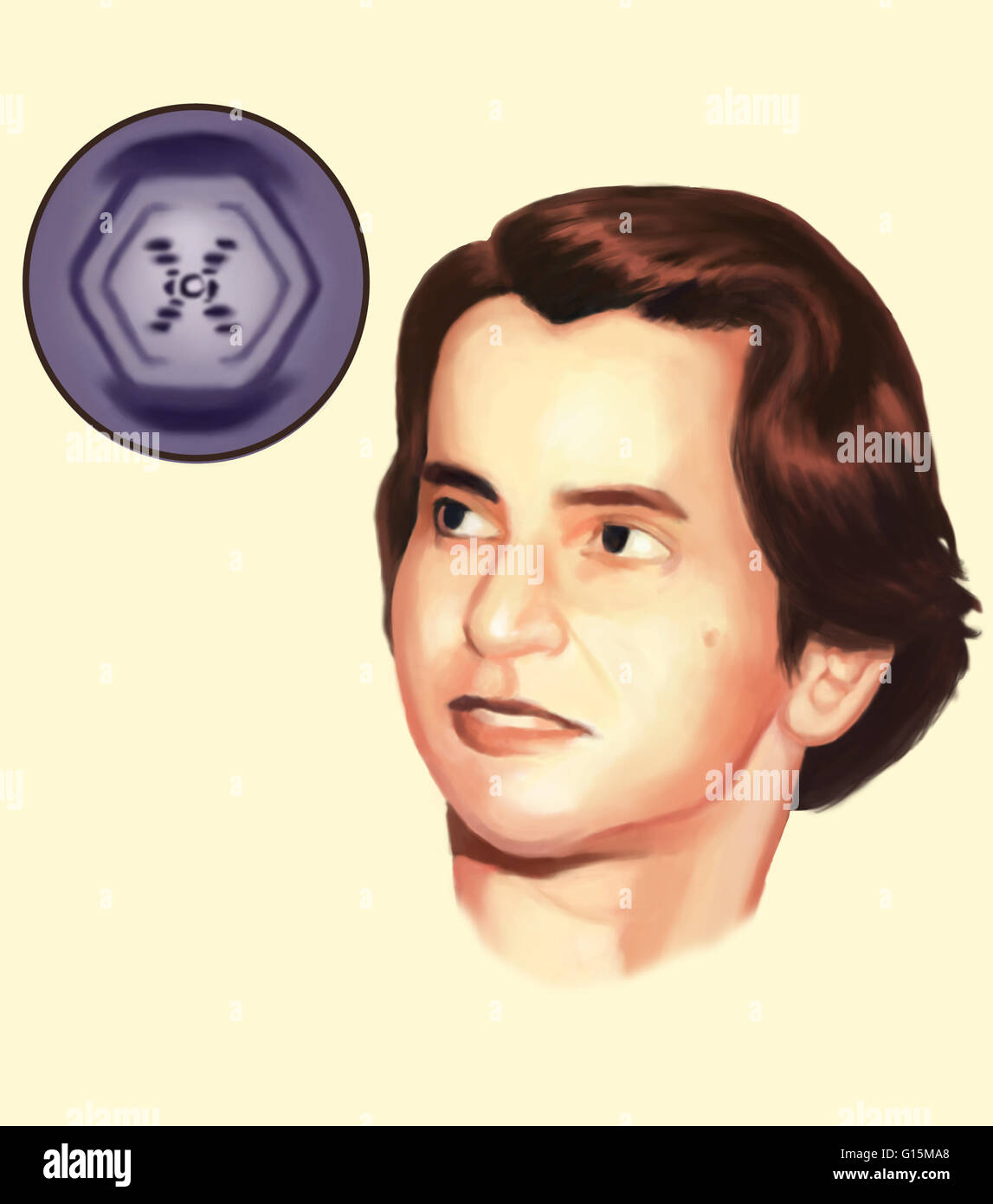 Rosalind Franklin. Illustration of Rosalind Franklin (1920-58), British X-ray crystallographer. Her work producing X-ray images of DNA (Deoxyribonucleic acid) was crucial in the discovery of the structure of DNA by James Watson and Francis Crick. Franklin Stock Photo