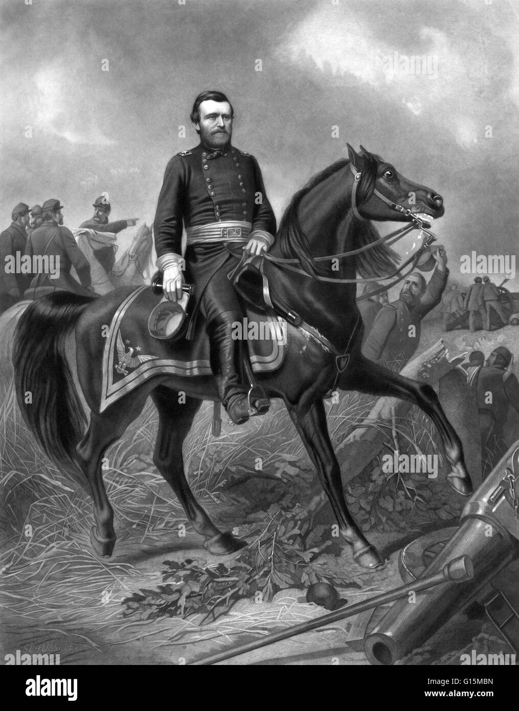 Engraving showing Grant, full-length portrait, wearing military uniform, sitting on horseback, facing right. Ulysses S. Grant (born Hiram Ulysses Grant; April 27, 1822 - July 23, 1885) was the 18th President of the United States. A career soldier, he grad Stock Photo