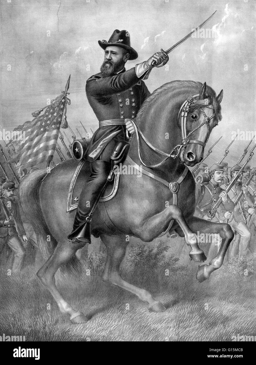 Lithograph entitled: 'Come on boys! Harrison in uniform, on horseback, leading a brigade of soldiers.' The Battle of Resaca was part of the Atlanta Campaign of the Civil War. The battle was waged in Georgia, from May 13-15, 1864. It ended inconclusively w Stock Photo