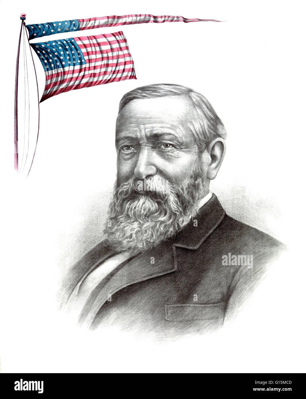 Lithograph entitled: Benjamin Harrison, Republican candidate for president. Benjamin Harrison (August 20, 1833 - March 13, 1901) was the 23rd President of the United States (1889-1893). During the American Civil War, he served the Union as a Brigadier Gen Stock Photo