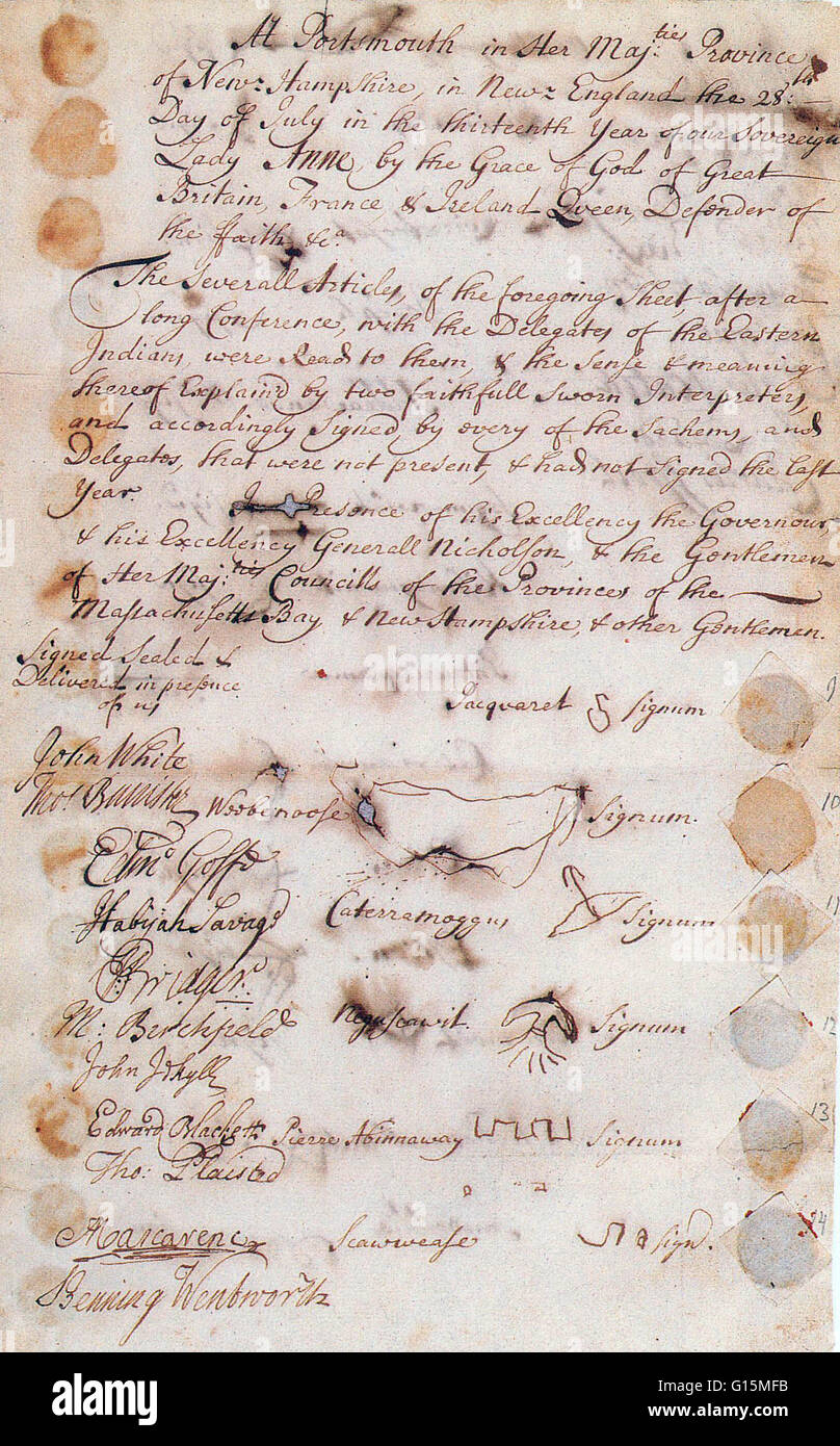 The Treaty of Portsmouth, signed on July 13, 1713, ended hostilities between Eastern Abenakis with the Province of Massachusetts Bay. The agreement renewed a treaty of 1693 the Indians had made with Governor William Phips, two in a series of attempts to e Stock Photo