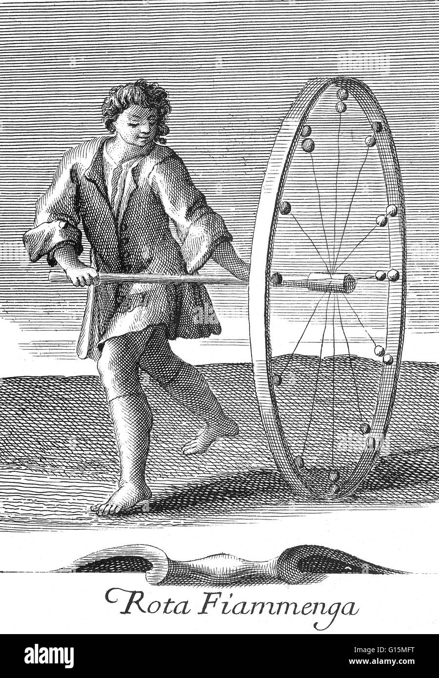 Toy wheel used by children in Flanders, 1723. Hoop rolling is both a sport and a child's game in which a large hoop is rolled along the ground, generally by means of an implement wielded by the player. The aim of the game is to keep the hoop upright for l Stock Photo