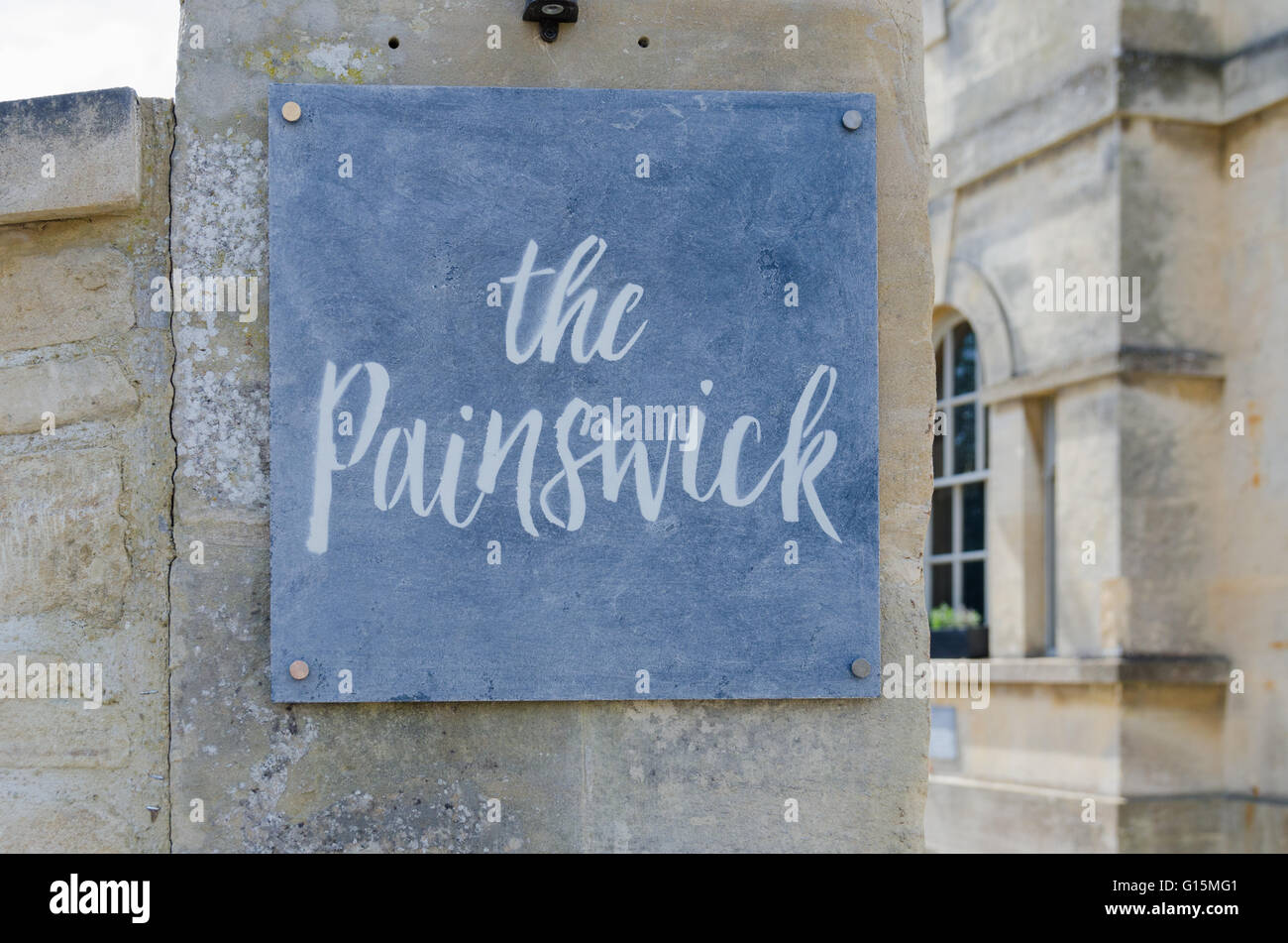 Sign at entrance to The Painswick Hotel and Restaurant in Painswick, Gloucestershire Stock Photo
