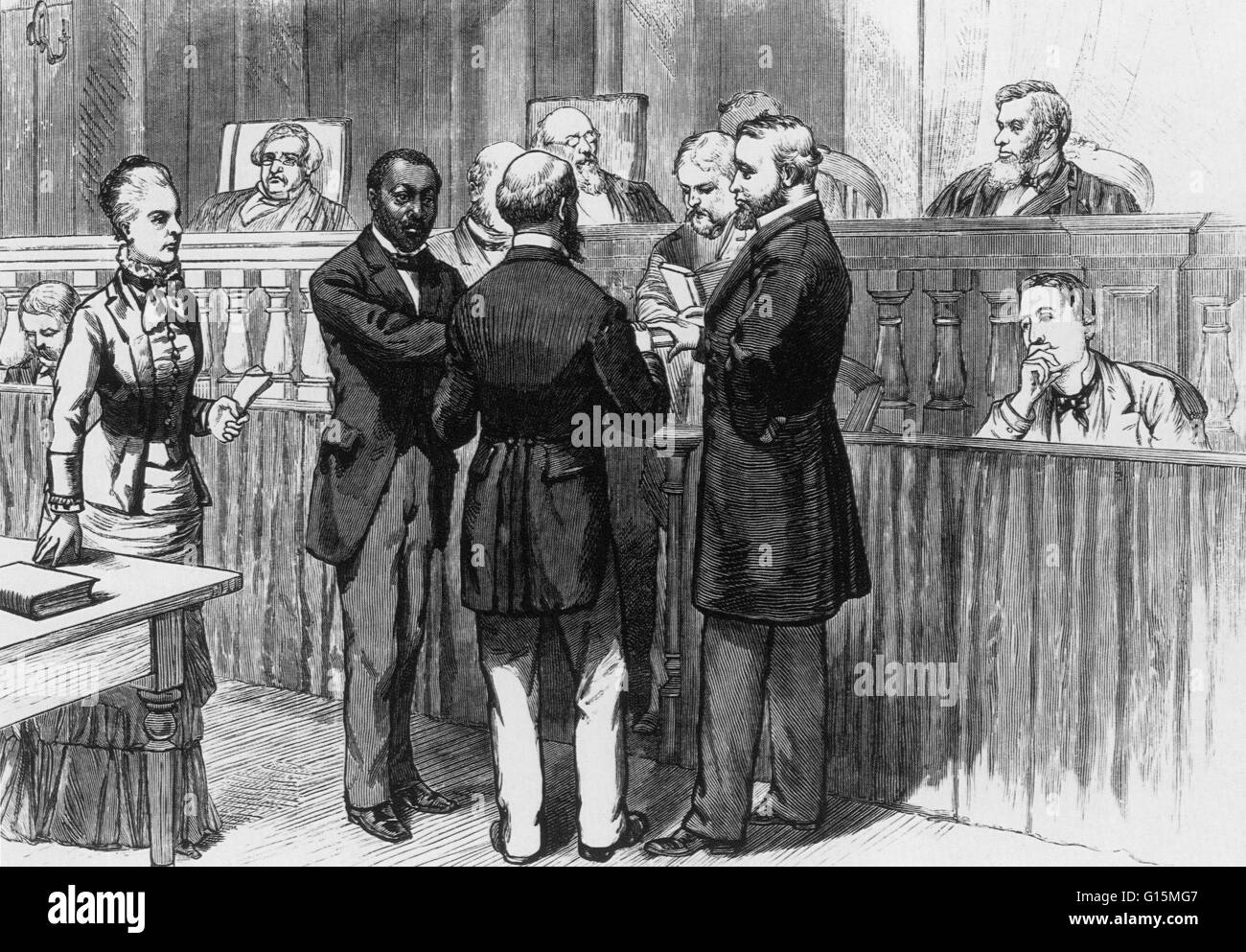 Illustration captioned: 'On February 2, 1880, Hiram Revels became the first African-American admitted before the Supreme Court.' Hiram Rhodes Revels (September 27, 1827 - January 16, 1901) was the first non-white to serve in the United States Senate. He w Stock Photo