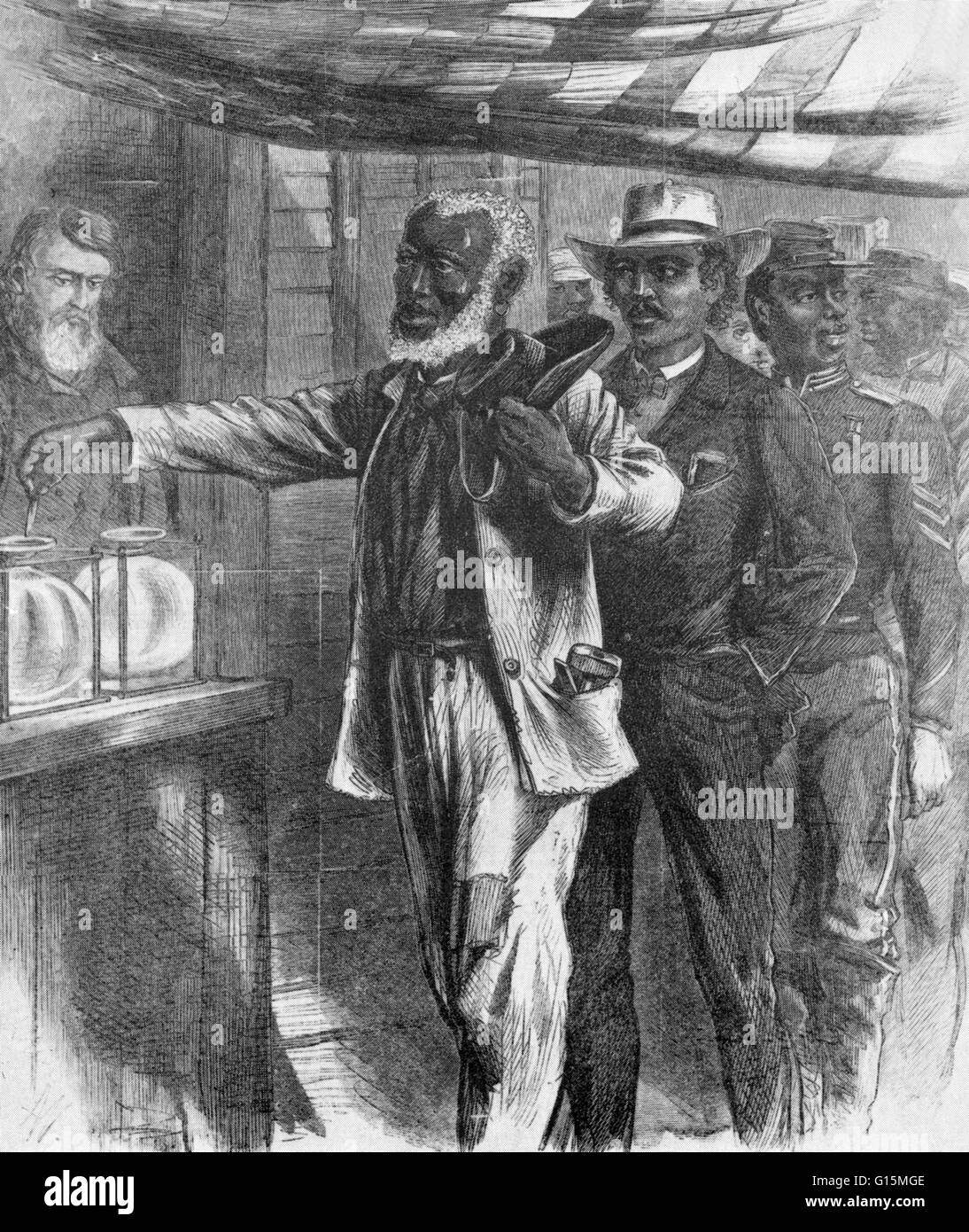 Etching entitled and captioned: "First Black Vote. Though there would be still so many rivers to cross and mountains to climb, this was indeed a glorious, inspiring, landmark event. We can sense the many years this gray-haired man has waited for this mome Stock Photo