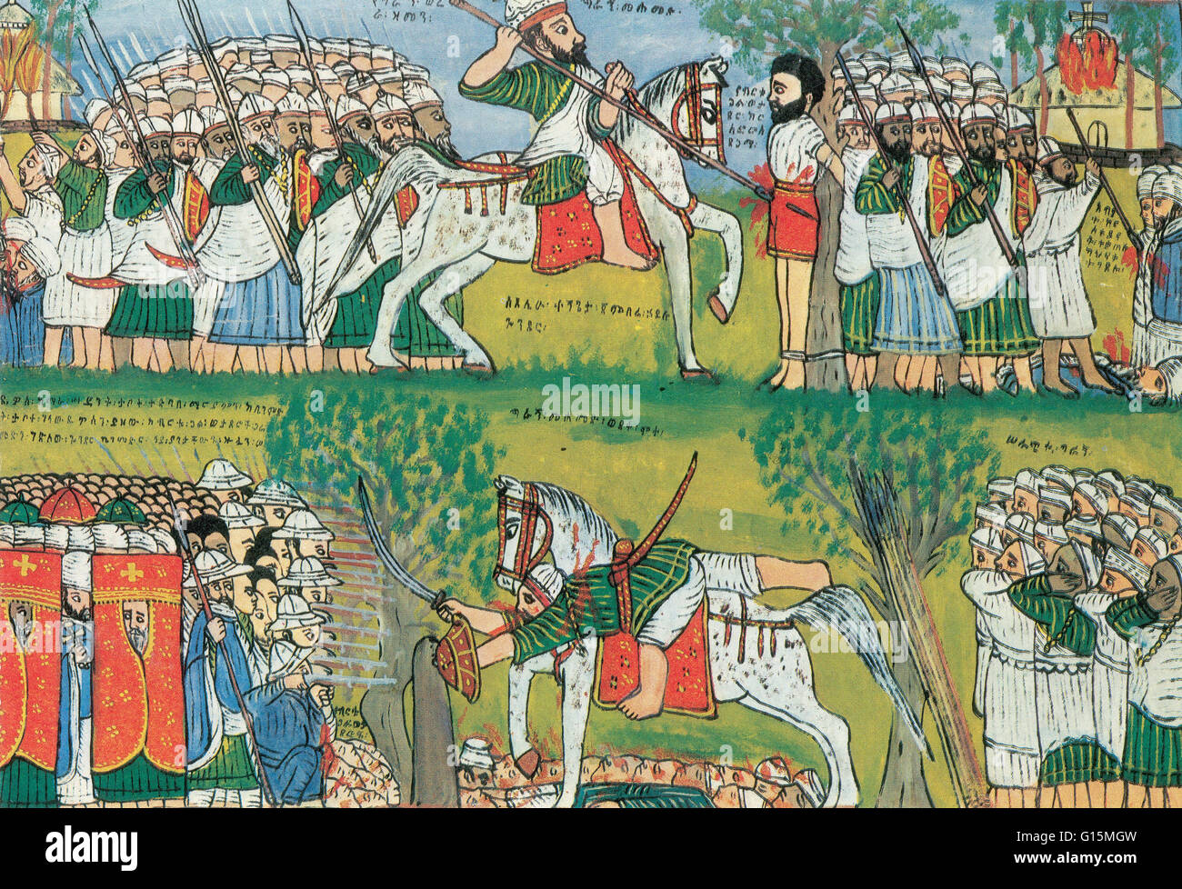 'Burning of Chuches by Muslims and the Death of Cristobal de Gama and the Fall and Death of Ahmed Ibrihim al-Ghazi (1506-43) Shot by a Portuguese Musketeer.' Wooden panel painted by Kegneketa Jemlieri Hailu of Gondar, circa 1900. Christopher de Gama (1515 Stock Photo