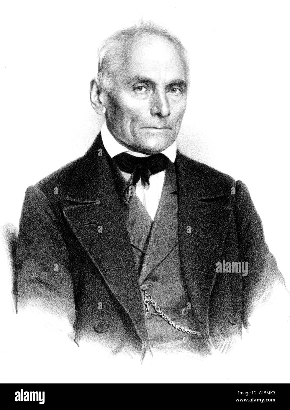 Johannes Evangelist Purkinje (December 17, 1787 - July 28, 1869) was a Czech anatomist and physiologist. He was one of the best known scientists of his time. He discovered the Purkinje effect whereby as light intensity decreases, red objects seems to fade Stock Photo