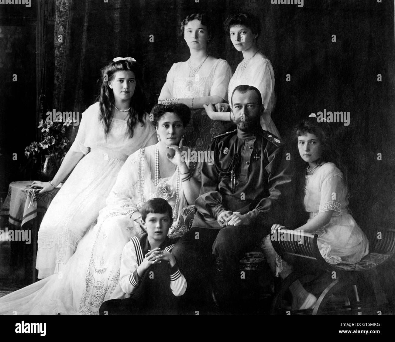 Portrait of Tsar Nicholas II and his family, from the series of pictures taken to mark the Romanov tercentenary in 1913. The pictures were produced by the Imperial family's favorite photographers, Boissonas & Eggler of St. Petersburg and sold as postcards Stock Photo