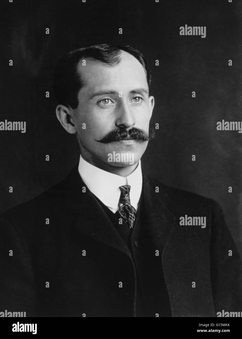 Orville Wright, age 34, 1905. Orville Wright (August 19, 1871 - January 30, 1948) and his brother Wilbur (1867-1912), were two Americans credited with inventing and building the world's first successful airplane and making the first controlled, powered an Stock Photo