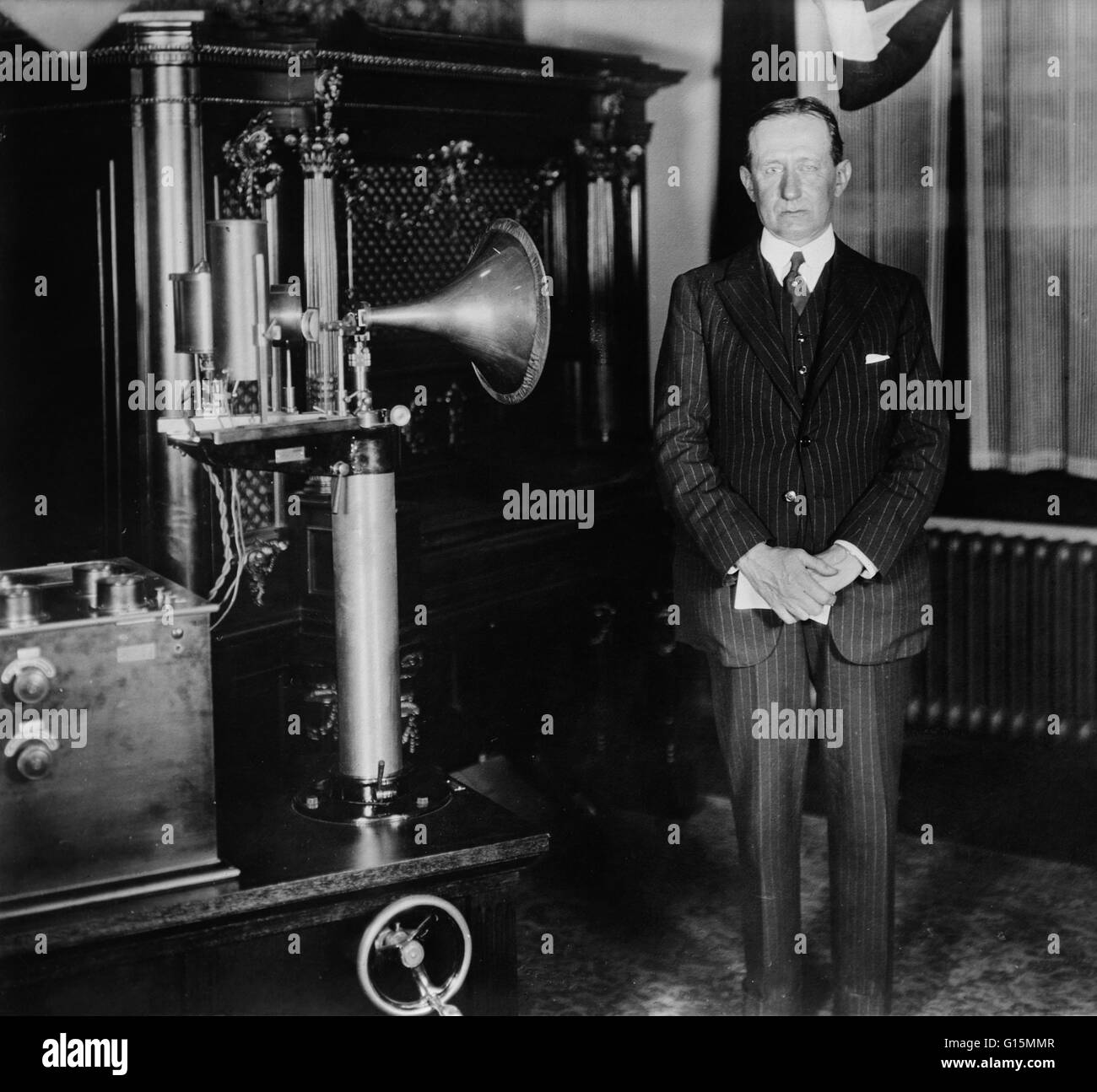 Guglielmo Marconi (April 25, 1874 - July 20 1937) was an Italian inventor, known as the father of long distance radio transmission and for his development of Marconi's law and a radio telegraph system. Marconi is often credited as the inventor of radio, a Stock Photo
