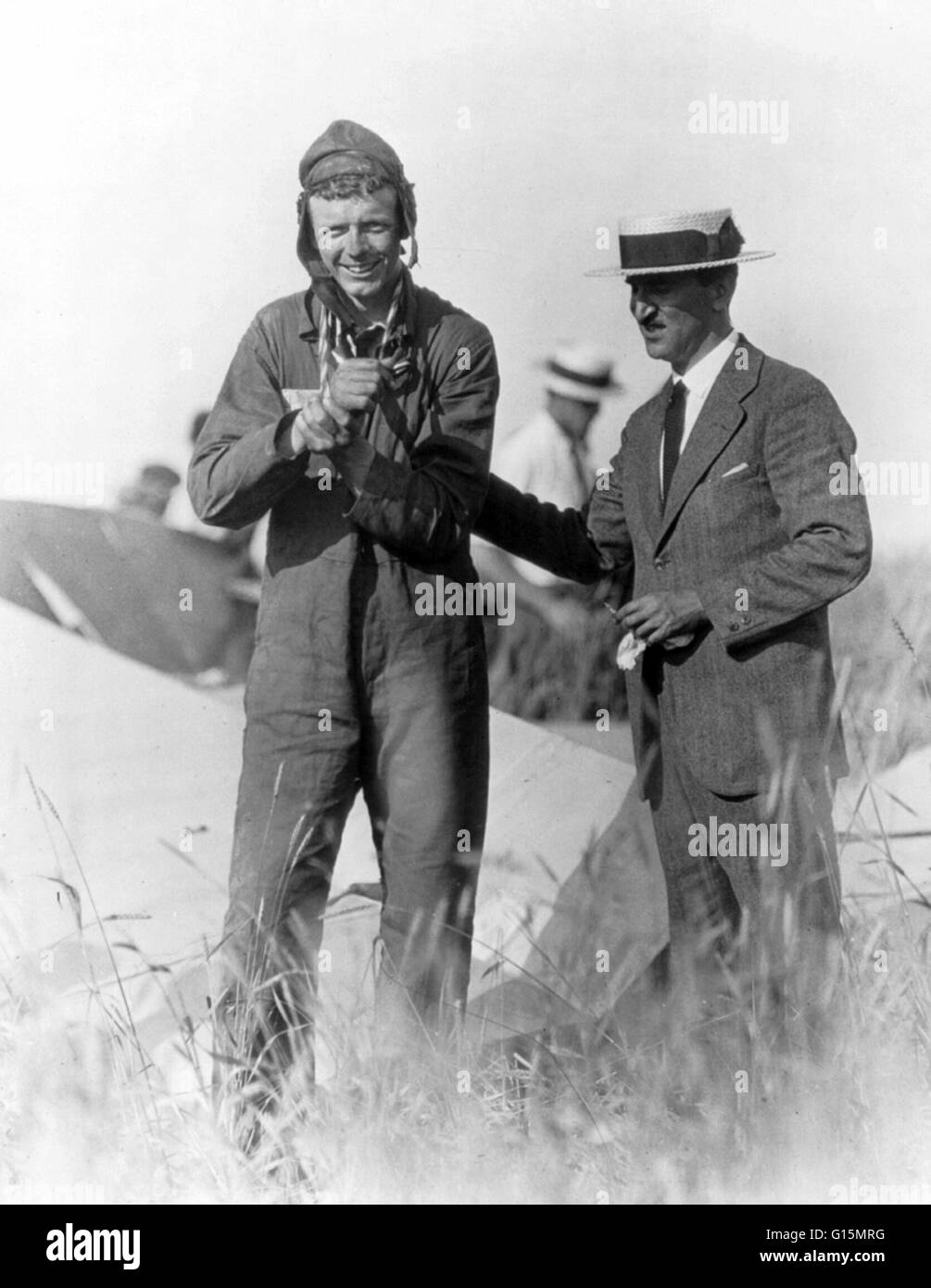 Lindbergh with dislocated shoulder after his second parachute jump. Charles Augustus Lindbergh (February 4, 1902 - August 26, 1974) was an American aviator. Lindbergh gained world fame as the result of his solo non-stop flight on May 20-21, 1927, made fro Stock Photo
