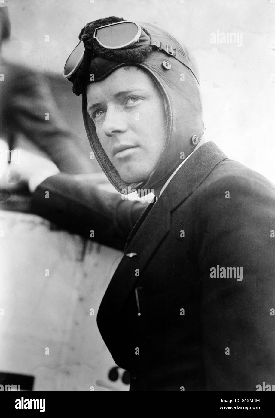 Charles Augustus Lindbergh (February 4, 1902 - August 26, 1974) was an American aviator. Lindbergh gained world fame as the result of his solo non-stop flight on May 20-21, 1927, made from Roosevelt Field, Garden City, Long Island to Le Bourget Field in P Stock Photo