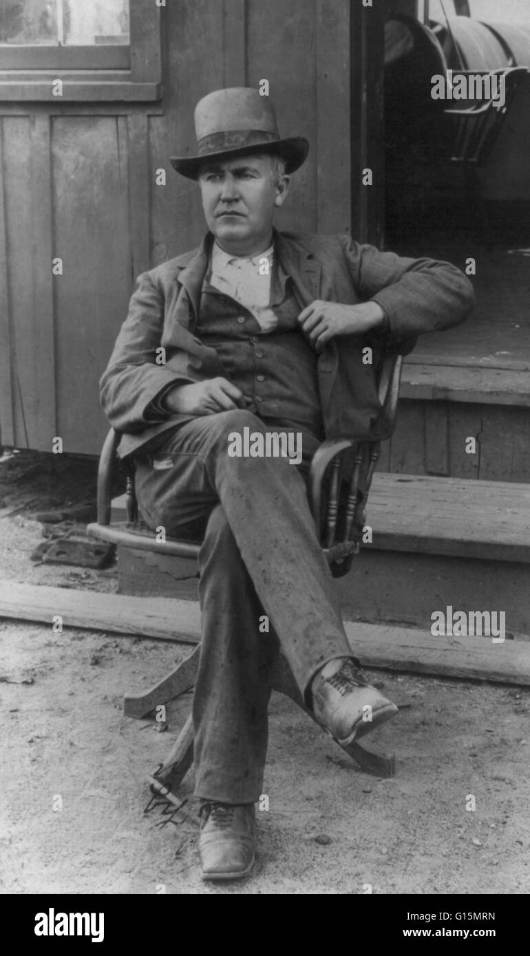 Edison outside office, circa 1895. Thomas Alva Edison (February 11, 1847 - October 18, 1931) was an American inventor and businessman. He developed many devices that greatly influenced life around the world, including the phonograph, the motion picture ca Stock Photo