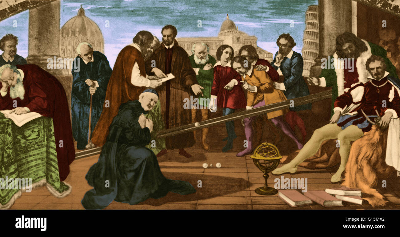 This picture, painted in 1841, carries us back to an experiment Galileo is alleged to have made during his time as lecturer at Pisa. To the left and right are men of ill-will: the Prince Giovanni de Medici, and Galileo's scientific opponents. These were l Stock Photo