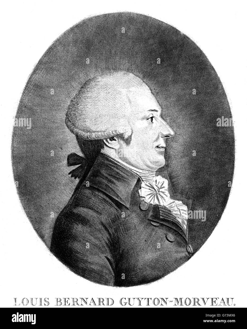 Louis-Bernard Guyton de Morveau (January 4, 1737 - January 2, 1816) was a French chemist and politician. He collaborated on the Encyclopédie Méthodique and developed the first system of chemical nomenclature. He was a member of the right wing, but voted i Stock Photo