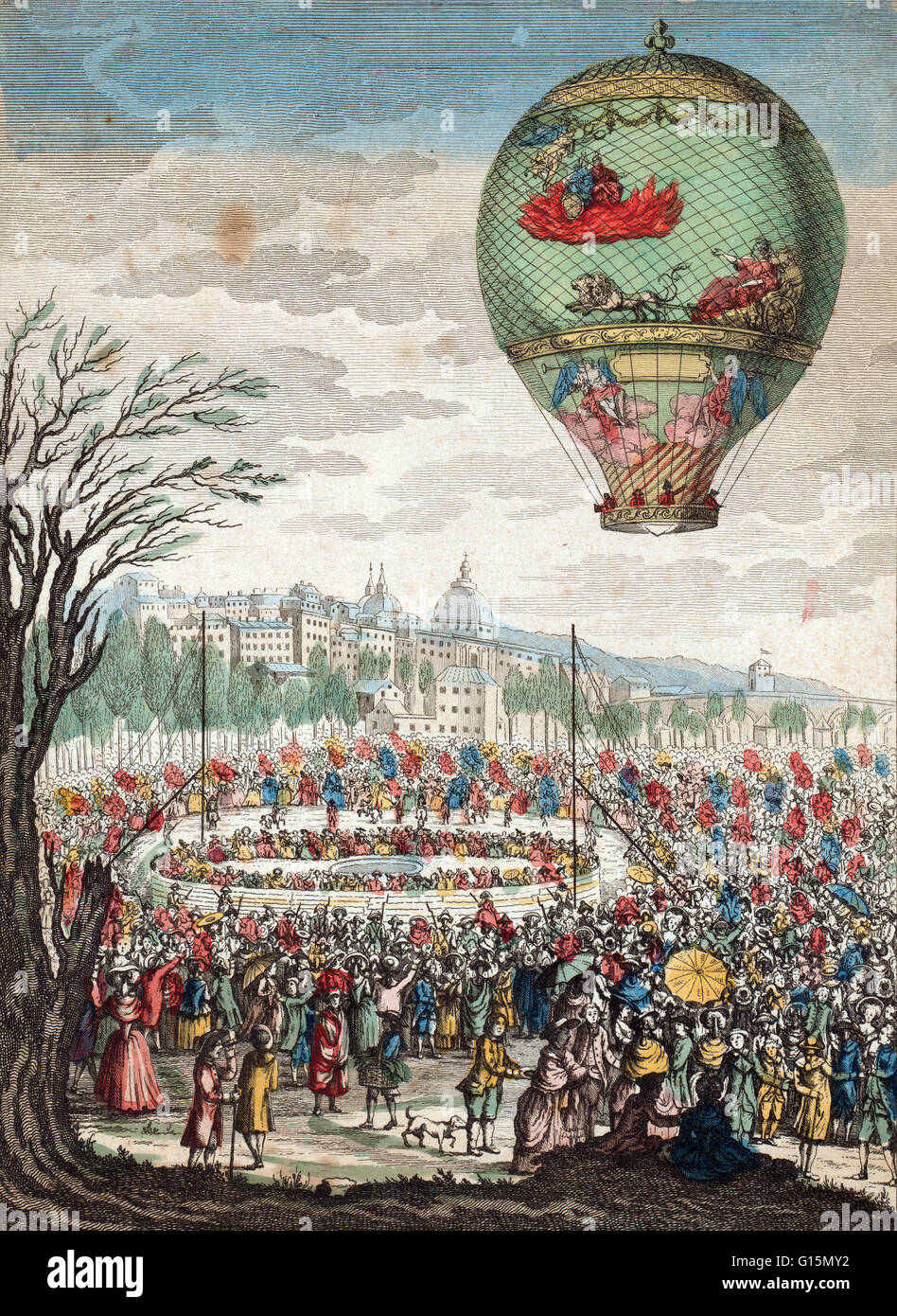 The balloon, 'Le Flesselles' ascending over Lyon, France, on January 19, 1784, carrying seven passengers including Joseph Montgolfier and Jean François Pilâtre de Rozier. The Flesselles balloon (named after the unfortunate Jacques de Flesselles, later to Stock Photo