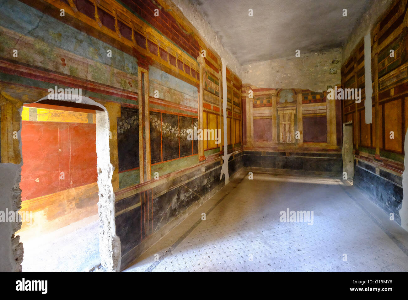 Roman frescoes at Villa of the Mysteries, Pompeii, UNESCO World Heritage Site, the ancient Roman town near Naples, Campania Stock Photo