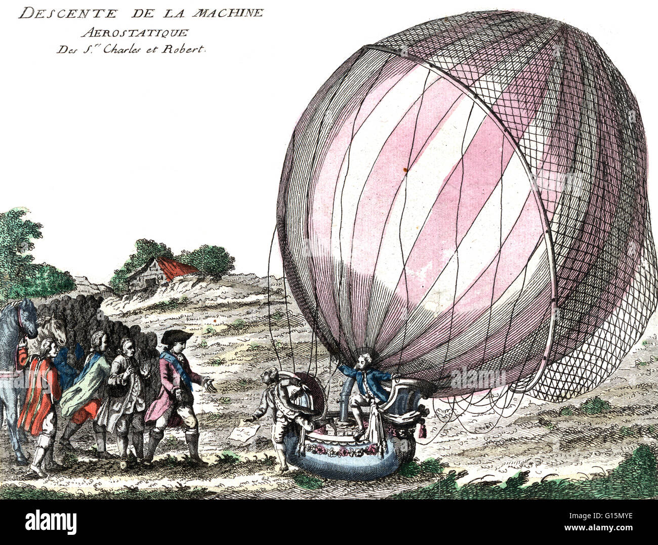 Jacques Charles and Nicolas-Louis Robert stepping out of their hydrogen balloon on a plain near Nesle, France after the first manned balloon flight in December of 1783. Jacques Alexandre César Charles (November 12, 1746 - April 7, 1823) was a French inven Stock Photo