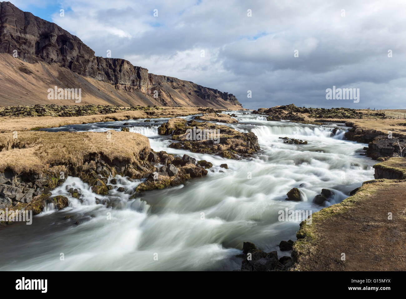 Wide angle view of river at Foss a Sidu, South Iceland, Iceland, Polar Regions Stock Photo