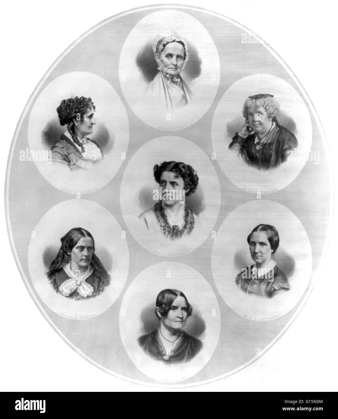 Lithograph containing portraits of seven prominent figures of the suffrage and women's rights movement. Lucretia Mott, Grace Greenwood, Elizabeth Cady Stanton, Anna Elizabeth Dickinson, Mary Ashton Rice Livermore, Susan Brownell Anthony and Lydia Maria Ch Stock Photo