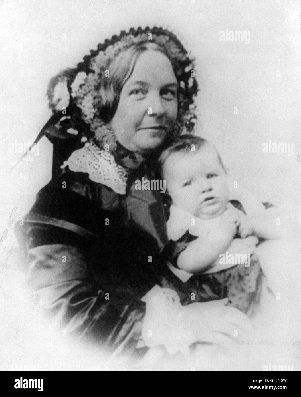 Elizabeth Cady Stanton and her daughter, Harriot from a daguerreotype, 1856. Elizabeth Cady Stanton (November 12, 1815 - October 26, 1902) was an American social activist, abolitionist, and leading figure of the early woman's movement. Unlike many women o Stock Photo