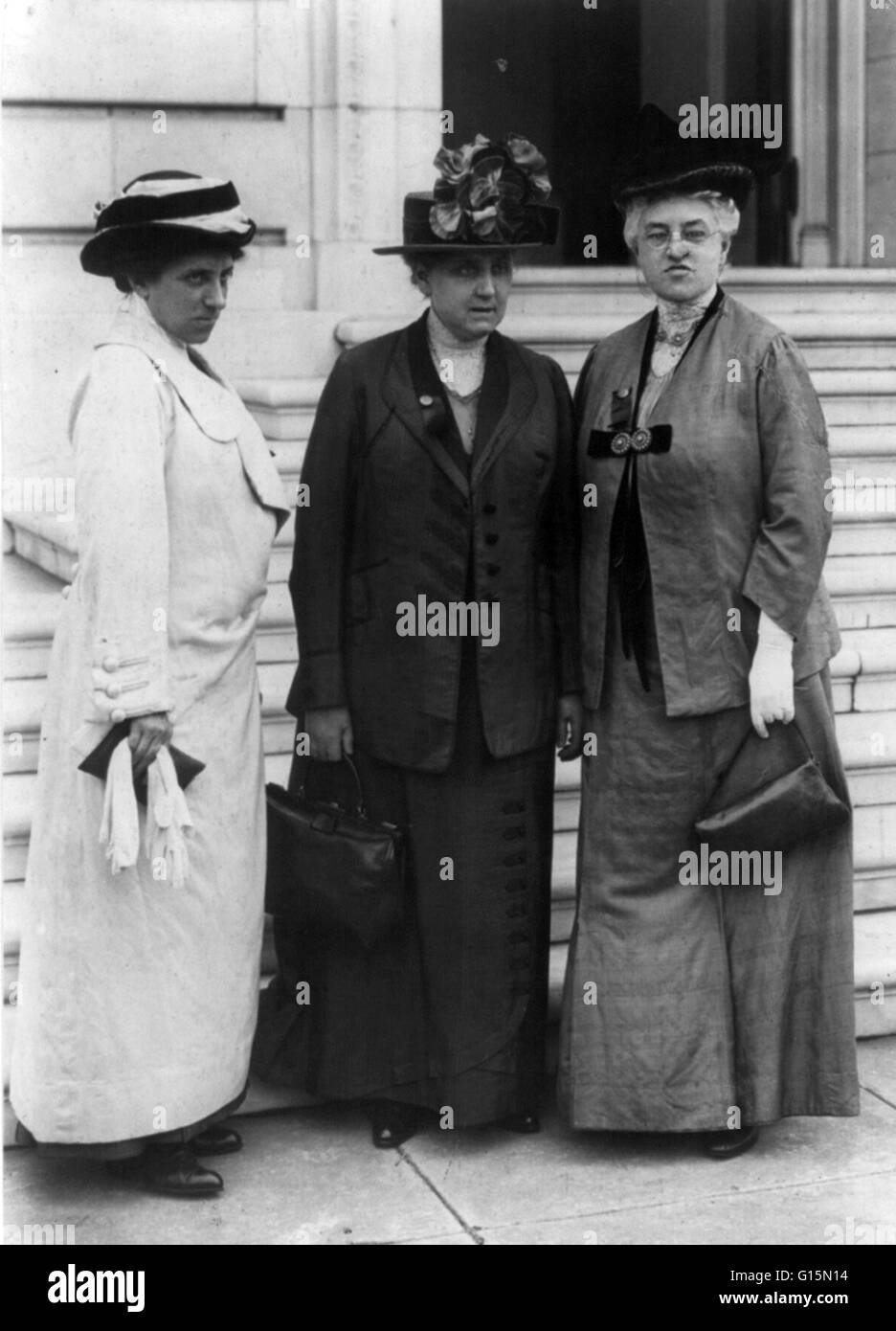 Julia Lathrop, Jane Addams, and Mary McDowell in Washington, 1913, on a suffrage mission on Capitol Hill. Jane Addams (September 6, 1860 - May 21, 1935) was a pioneer settlement worker, founder of Hull House in Chicago, public philosopher, sociologist, au Stock Photo