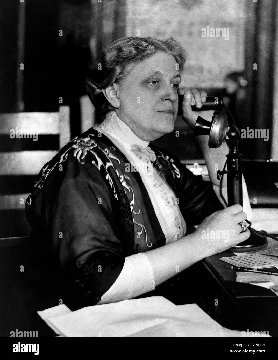 Carrie Chapman Catt (January 9, 1859 - March 9, 1947) was a women's suffrage leader. She graduated from Iowa State College where she was a member of Pi Beta Phi, the valedictorian of her class, and the only woman. She became a teacher and then superintend Stock Photo