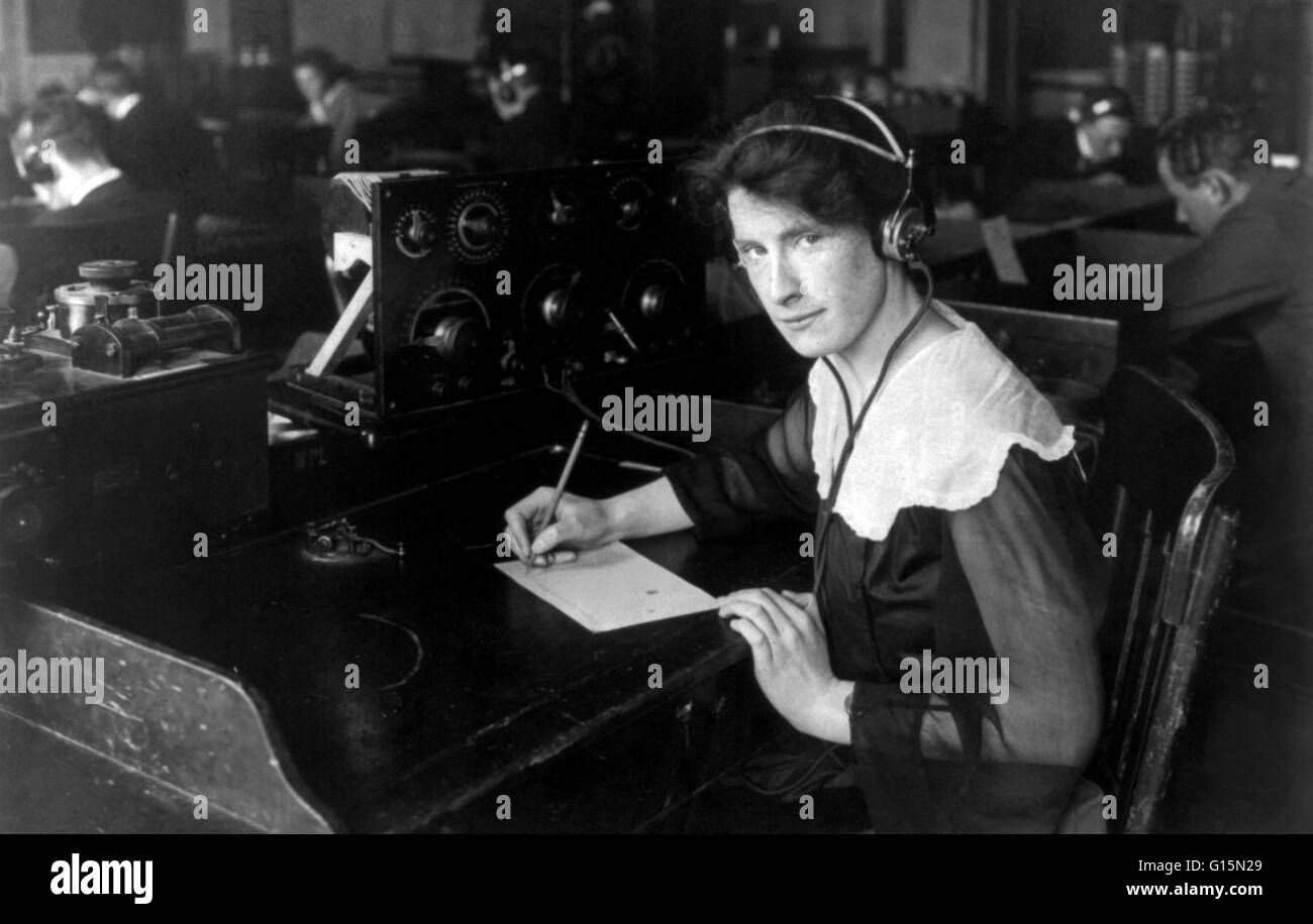 Helen Campbell, first wireless operator of National League for Women's Service, seated at wireless telegraph, 1917. During World War I the rapidly expanding war industries dipped heavily into the labor force of women. In 1918 nearly three million new wome Stock Photo