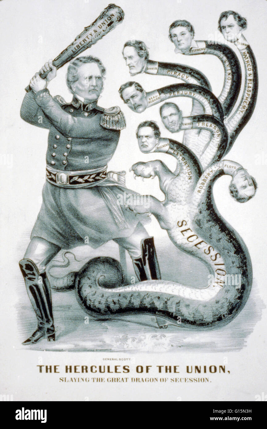 Entitled: 'The Hercules of the Union, slaying the great dragon of secession.' Winfield Scott, wielding a great club 'Liberty and Union,' about to strike the beast. The hydra has seven heads, each representing a prominent Southern leader. The neck of each Stock Photo