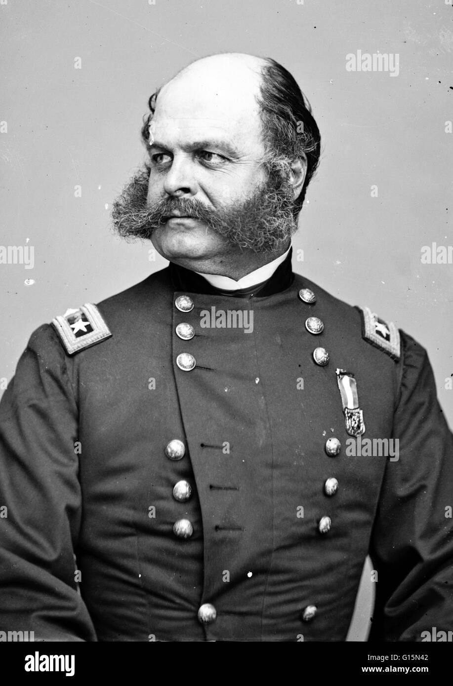 Ambrose Everett Burnside (May 23, 1824 - September 13, 1881) was an American soldier, railroad executive, inventor, industrialist, and politician from Rhode Island, serving as governor and a US Senator. As a Union Army general in the American Civil War, h Stock Photo