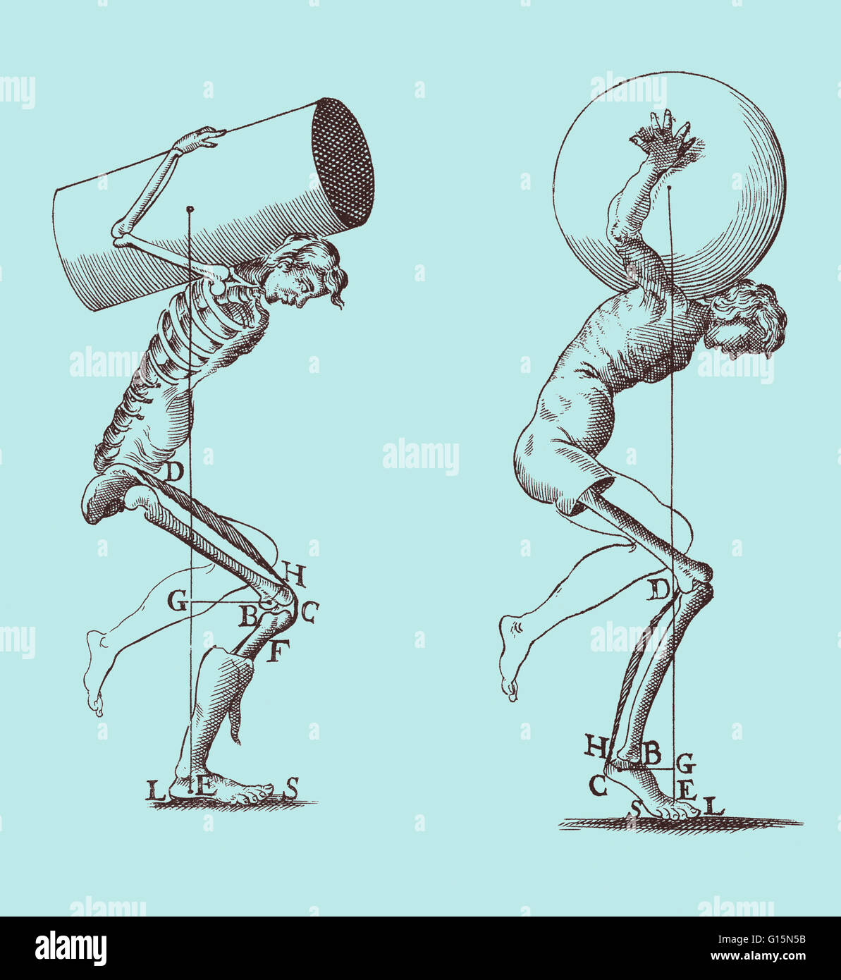 Illustration from De Motu Animalium (On Animal Motion, 1680) by Alfonso Borelli (1608-1679). Borelli studied and illustrated the biomechanics of the living body as a system of levers, pistons and pivots. This image shows how the human body centers and sus Stock Photo