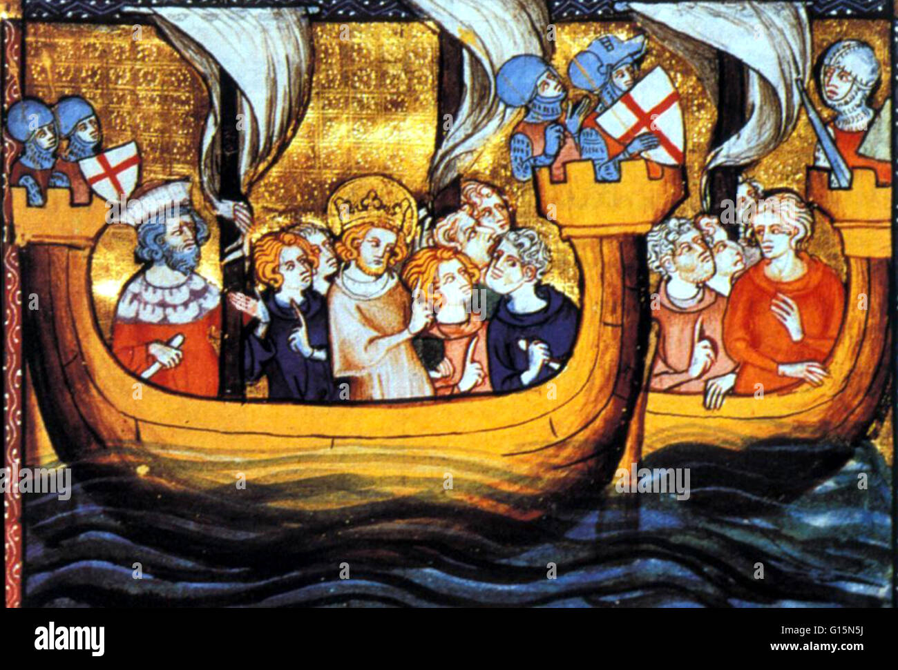 Louis IX en route from Aigues-Mortes to Egypt. The Seventh Crusade (1248 to 1254) was disastrously led by Louis IX of France, a reaction to the loss of Jerusalem (1244) to the Moslems for the final time. The crusade was aimed at Egypt, the main Muslim pow Stock Photo